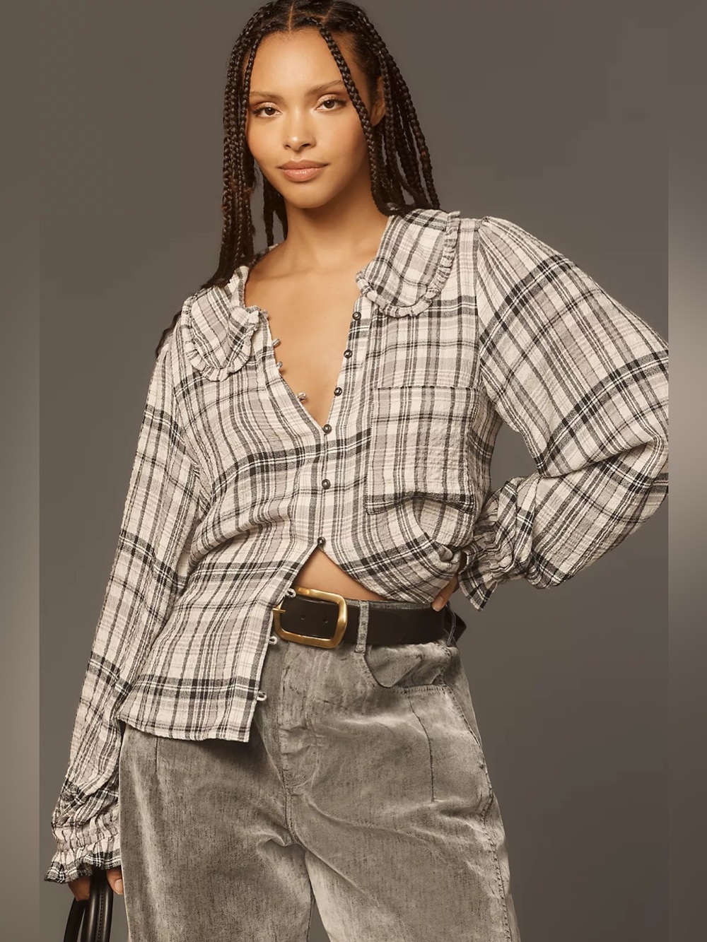 Pilcro Peter Ruffled Pan Collar Kiera Long Sleeve Top in Black Plaid